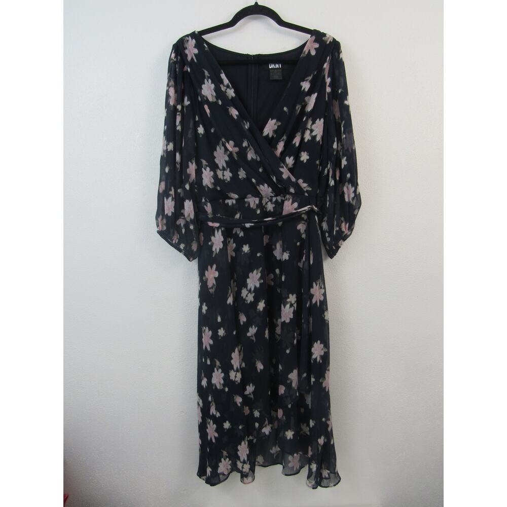 DKNY Size 16 Floral Faux Wrap Dress Black Light Pink Belt Sheer Flowy Flirty